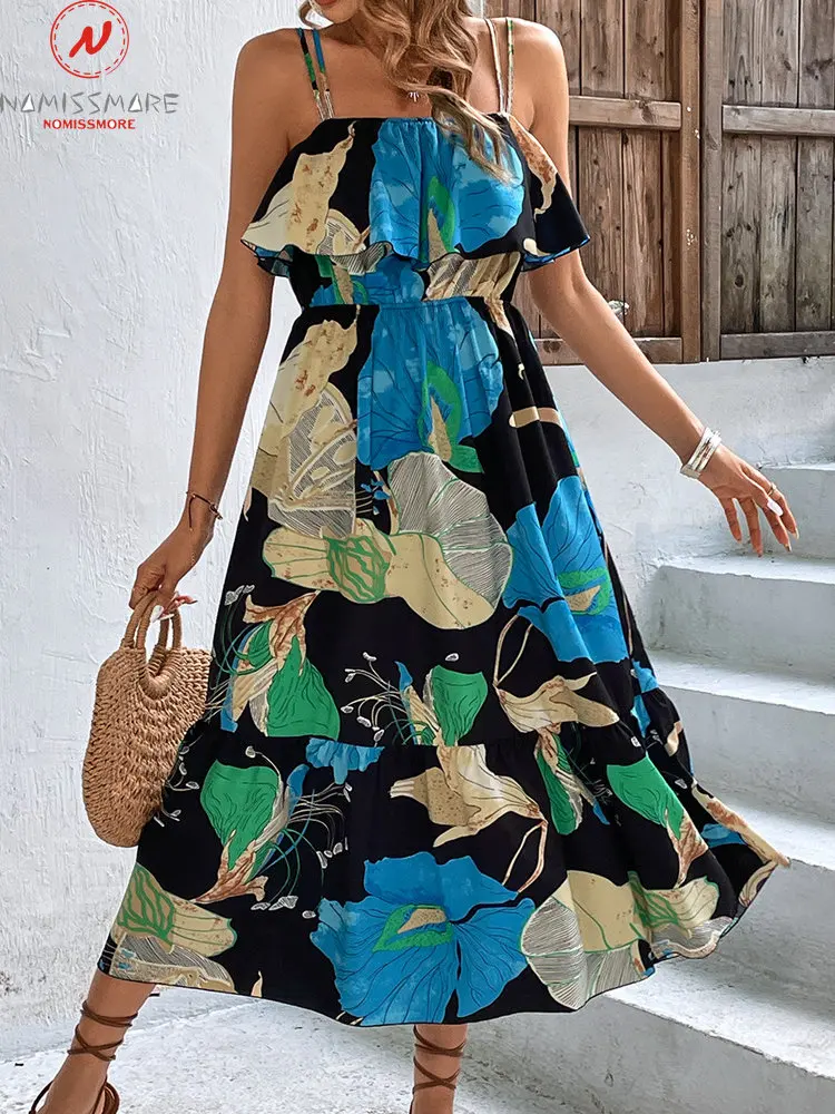 

Женское ТРАПЕЦИЕВИДНОЕ ПЛАТЬЕ с принтом, летнее платье в пляжном стиле с оборками и открытой спиной, облегающее длинное платье без рукавов со средней талией