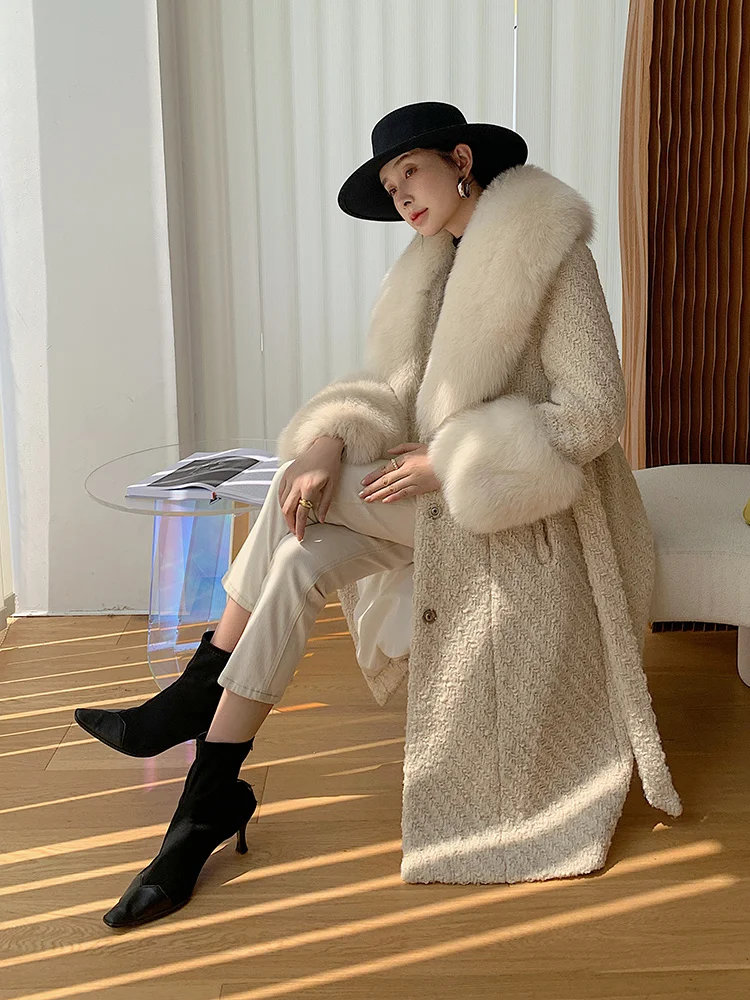 

brand genuine Luxury 2023 Wool Blends X-Long Real Coat Winter Jacket Plaid Fox Fur Collar Cuffs Tweed Women Slim Belt Thick Warm