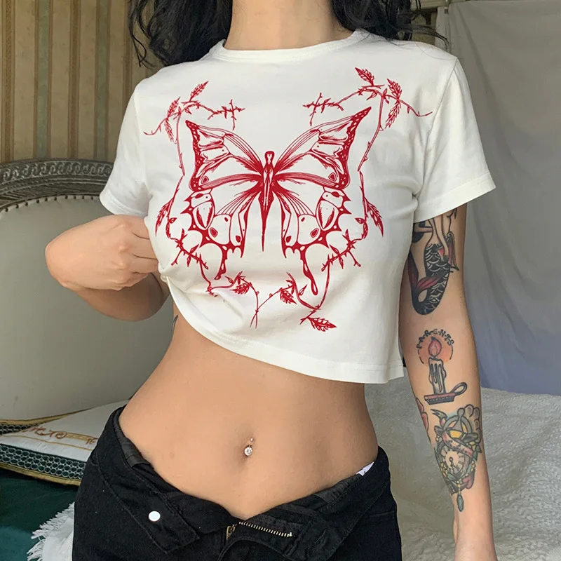 

Y2K Aesthetic Clothing Butterfly Print Vintage Round Neck Short Sleeve T-Shirts Women Summer Streetwear Baby Tee Y2K Harajuku