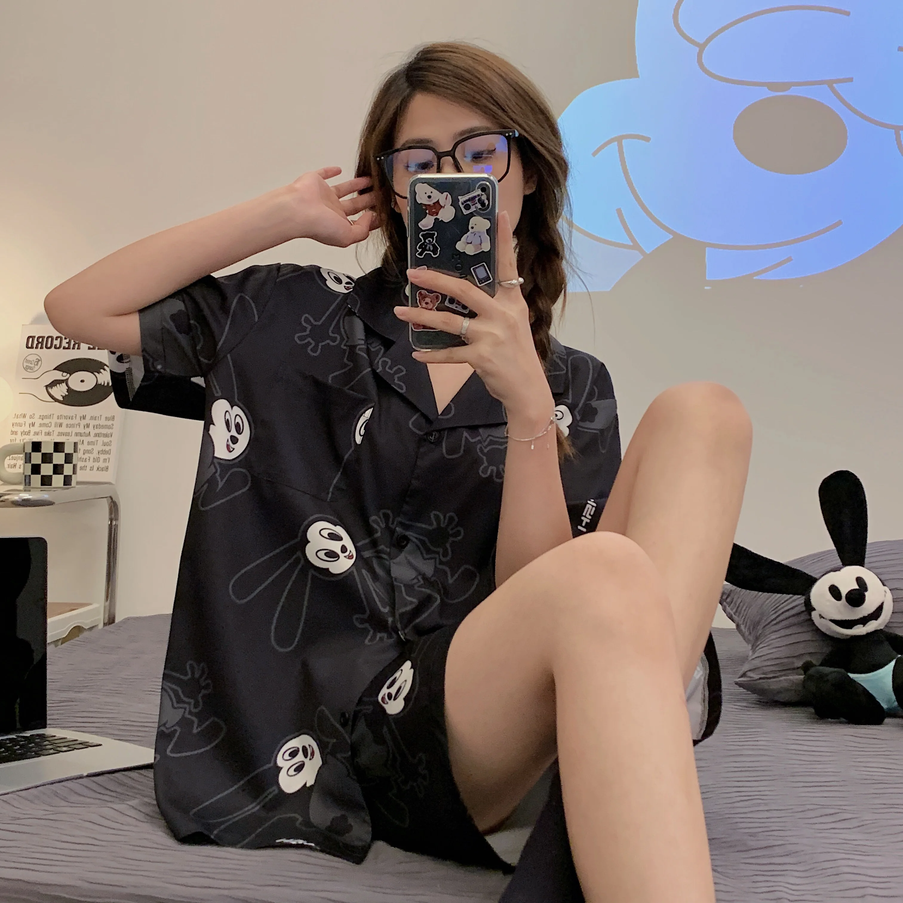 Disney Cartoon Oswald the Lucky Rabbit Satin Pyjamas Women Summer 3 Pieces Set with Shorts Soft Silk Pajamas Set Ladies Outfits