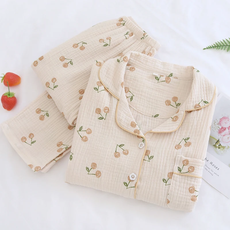 Cotton Yarn Spring Summer Autumn Long Sleeve Pijama Suit Pure Cute Pajamas Set Loungewear Crepe Ladies Pyjama Sleepwear Female