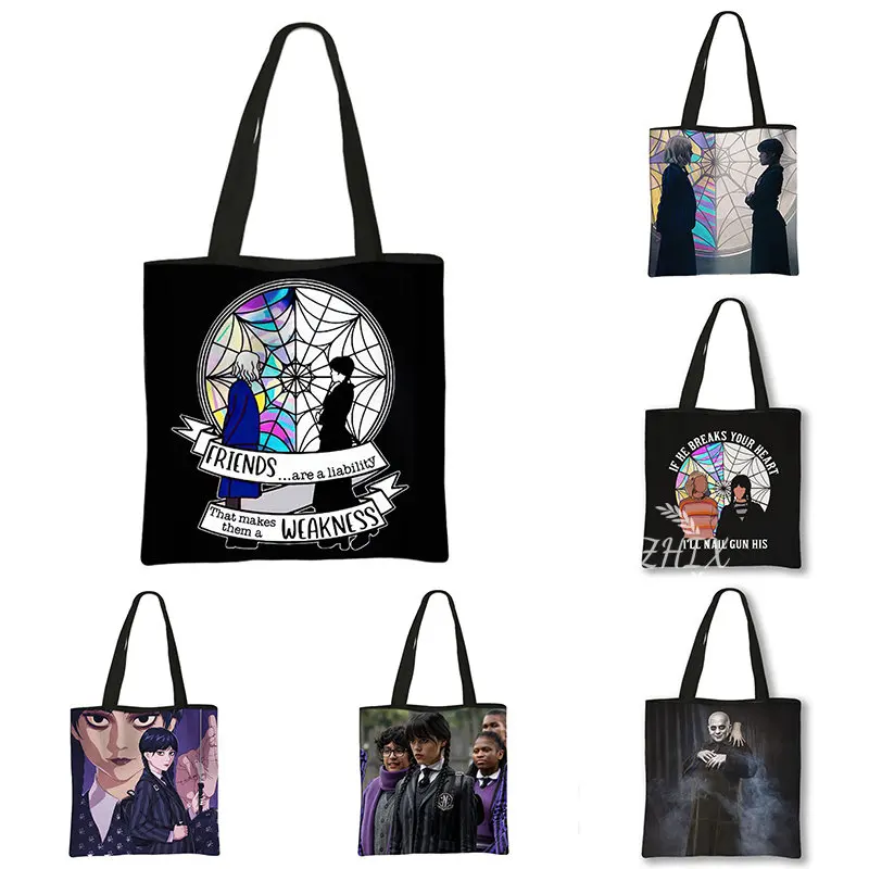 

Wednesday Addams Shopping Bag Gothic Girls Printed Canvas Handbag Ladies Reusable Shopping Travel Tote Woman Shoulder Bags Gift