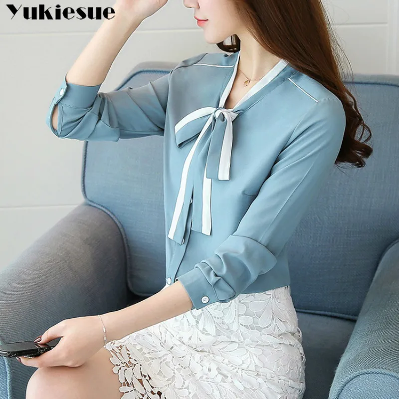 Женская шифоновая блузка с длинным рукавом однотонная Свободная бантом в