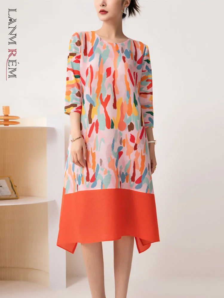 

LANMREM Printing Pleated Dress For Women Round Neck Three Quarter Sleeves Color Block Stitching Loose Female Elegant 2R3736