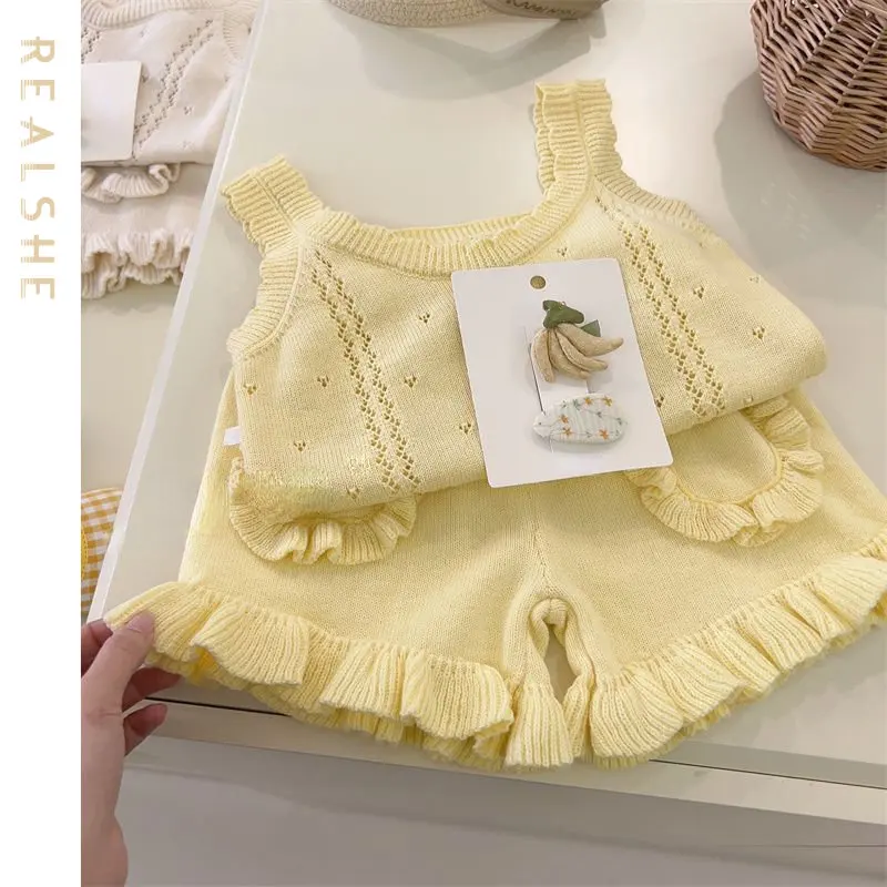 

Sweet Girls Suit Summer 2023 New Solid Color Knit Ruffles Sleeveless Tops Shorts 2pcs Girls Suit Children Clothing Set