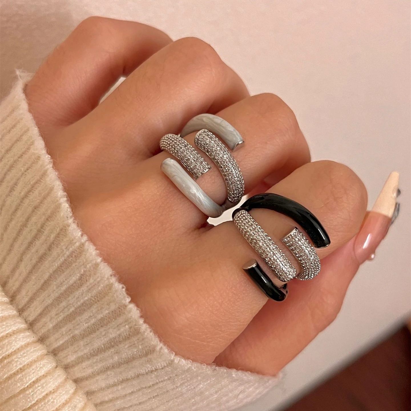 

European and American New Trendy Hollow Multilayer Zircon Drip Glaze Enamel Rings for Women Girls Hip-Hop Jewelry Accessories
