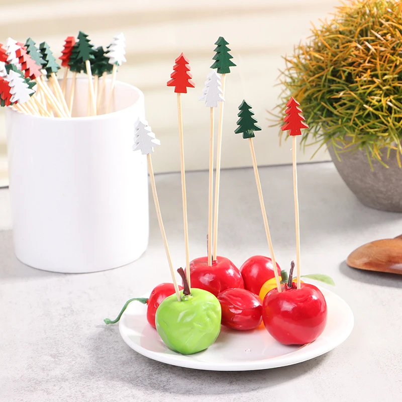 

100Pcs Food Picks Bamboo Fruit Forks Christmas Kitchen Party Decorations Dessert Cake Picks Vegetable Sticks Cocktail Toothpicks