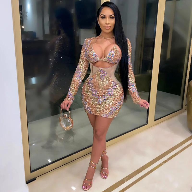 

Glitter Sexy Sequin Dress Women Party Night Club Bodycon Dress Long Sleeve Birthday Outfits for Women Elegant Christmas Dress