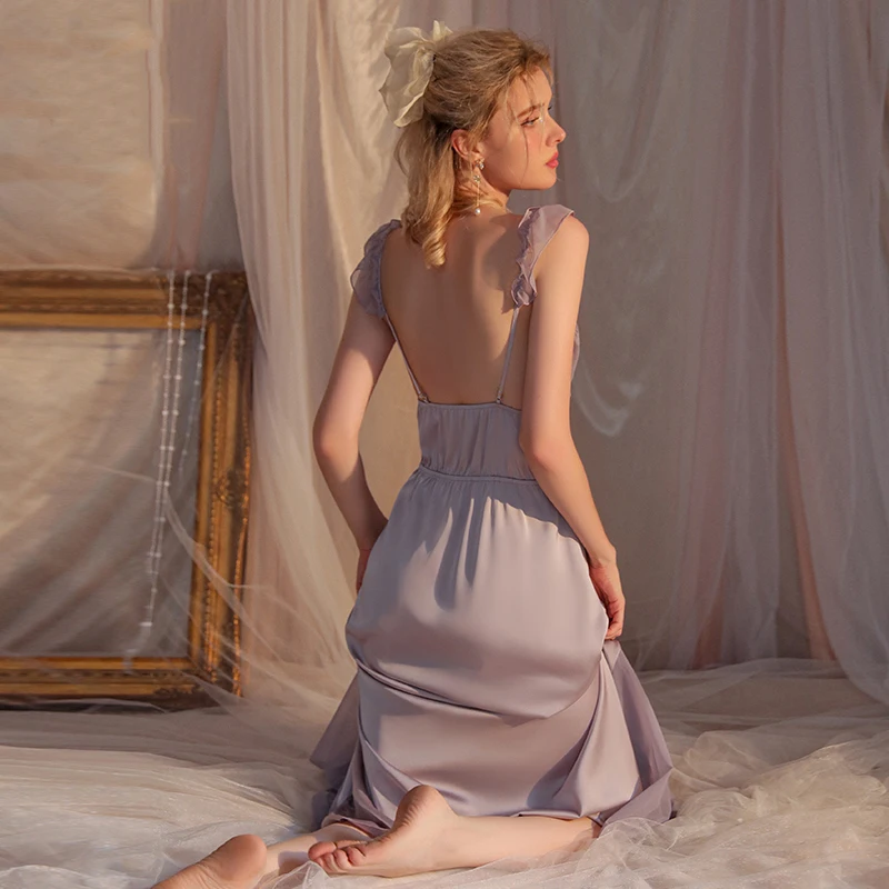 Female Nightgown Elegant Palace Style Lovely Fairy Long Nightgown Sleepwear Can Be Worn Outside Sleepshirt Satin Silk Home Dress