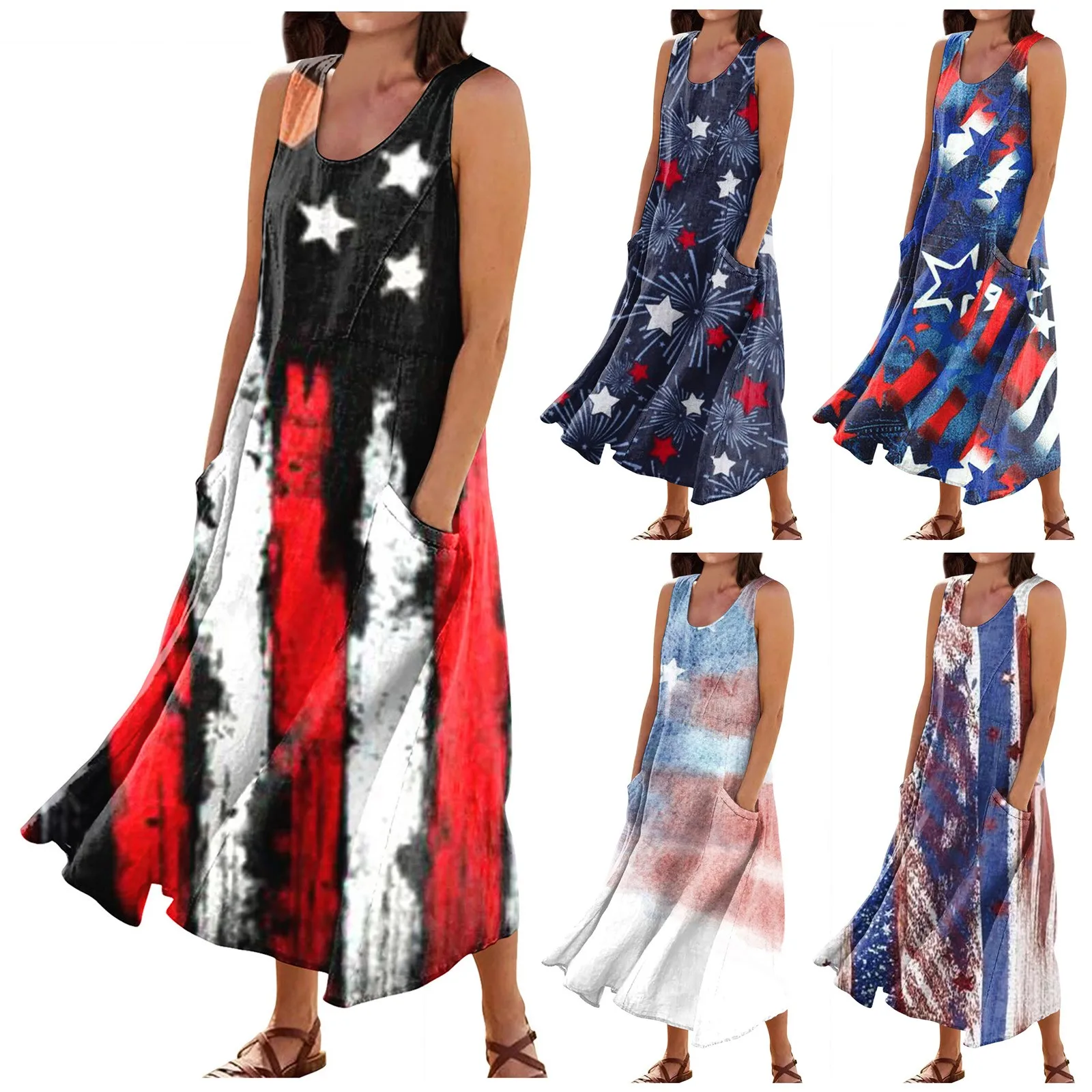 

Women'S Dress Loose Crewneck Independence Day Print Sleeveless Large Swing Dress With Pocket Summer Dress Women 2023 Vestidos