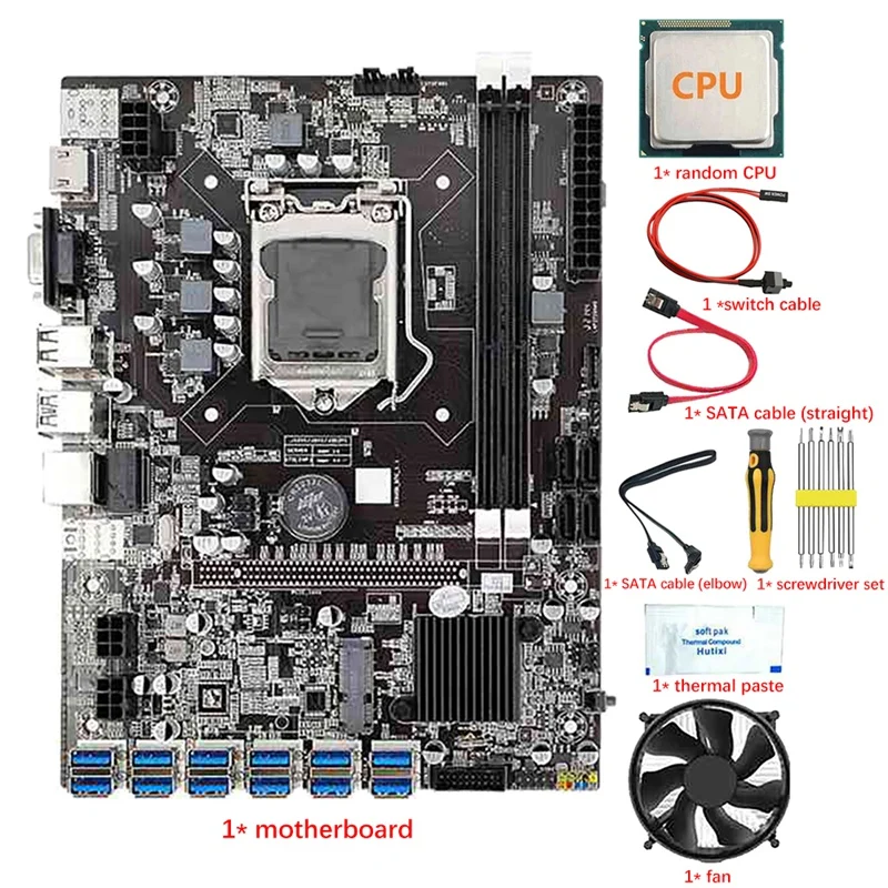 

AU42 -B75 12 USB3.0 BTC Mining Motherboard CPU+Fan+Thermal Paste+Screwdriver+Switch Cable+SATA Cable LGA1155 DDR3 RAM SATA3.0