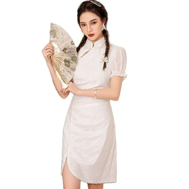 

Женское платье в китайском стиле, платье в стиле Ципао с пышными рукавами, изящное платье в стиле ретро, Новинка лета 2022