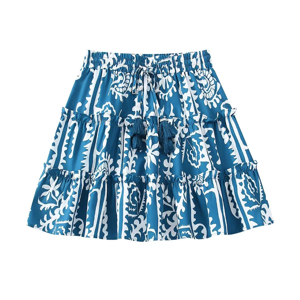 

Women's 2022 Summer New Elastic High Waist Printed Skirt Fashion Casual Chic Retro Female Elegant Lace-Up Mini Skirt Mujer
