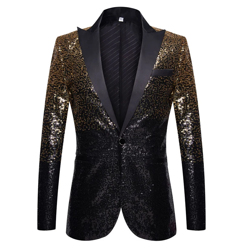 

Gold Black Gradient Sequin Blazer for Men Nightclub Prom Stage Singer Glitter Suit Blazers Single Button Full Sequin Tuxedo 3XL