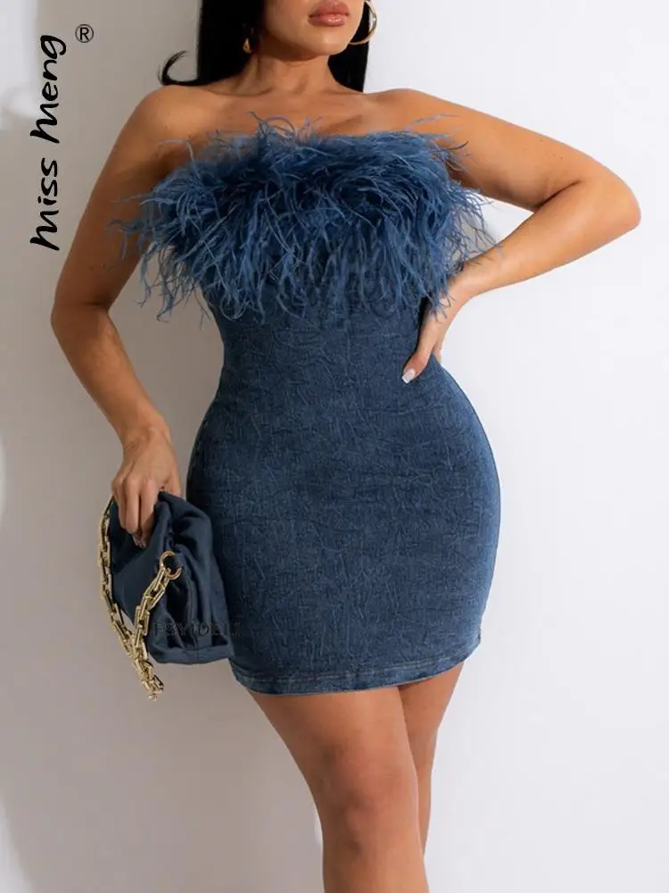 

Women Feather Mini Party Dress Sexy Strapless Hip Sexy Backless Splice Dresses Birthday Evening Vestido for Women 2022