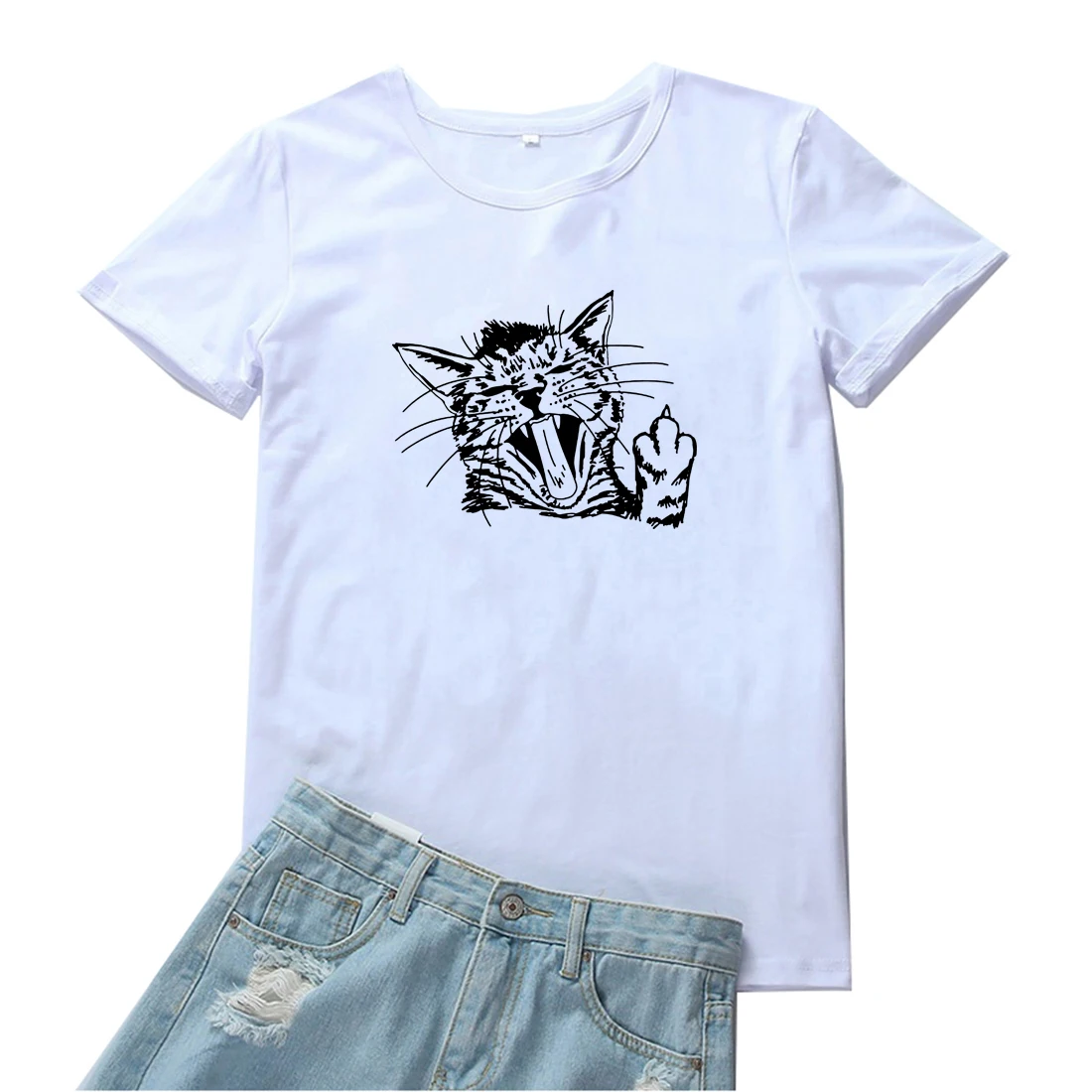 Morning Meows Women T Shirts Harajuku Cat Animal Graphic Tees Women Cotton White T-shirt Femme Casual Short Sleeves Tshirt Women
