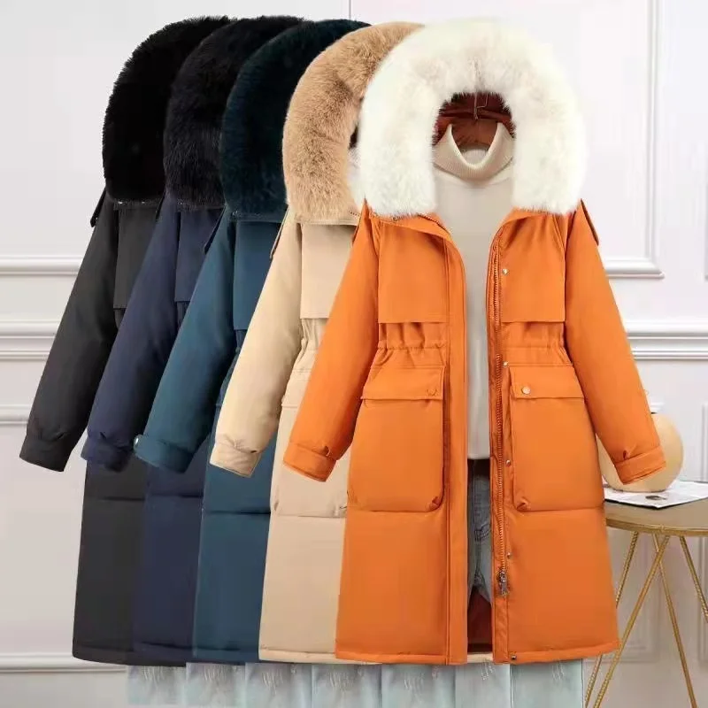 Winter New Big Fur Collar Down Jacket Middle Long Large Pocket Hooded Cotton Padded Jacket