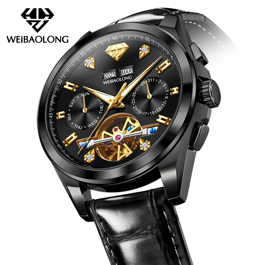 Фото WEiBAOLONG 3806, мужские часы со светящейся функцией, маховик со скелетом, элитные роскошные оригинальные кожаные механические часы для мужчин №4