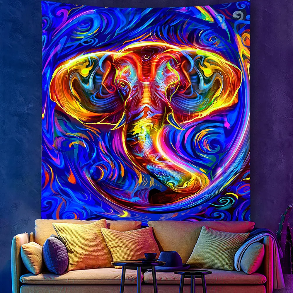 

Гобелен в стиле Фэнтези с изображением слона черного света, мандала, УФ, реактивный, в стиле Триппи, Настенный декор для спальни, комнаты, украшение для дома