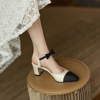 summer thick low heel dress sandals genuine leather back buckle sandals poined toe ladies sandals european