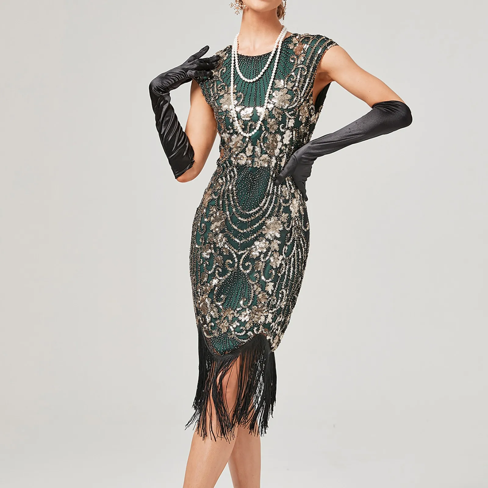 Женское винтажное платье-хлопушка без рукавов с круглым вырезом и блестками