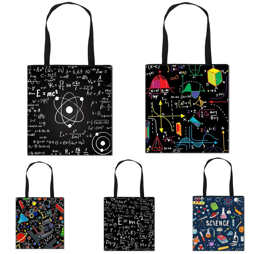 

Cute Math Physics Formula Shoulder Bag Science Experiment Handbag Girls Canvas Totes Bag Women Large Capacity Shopping Bags
