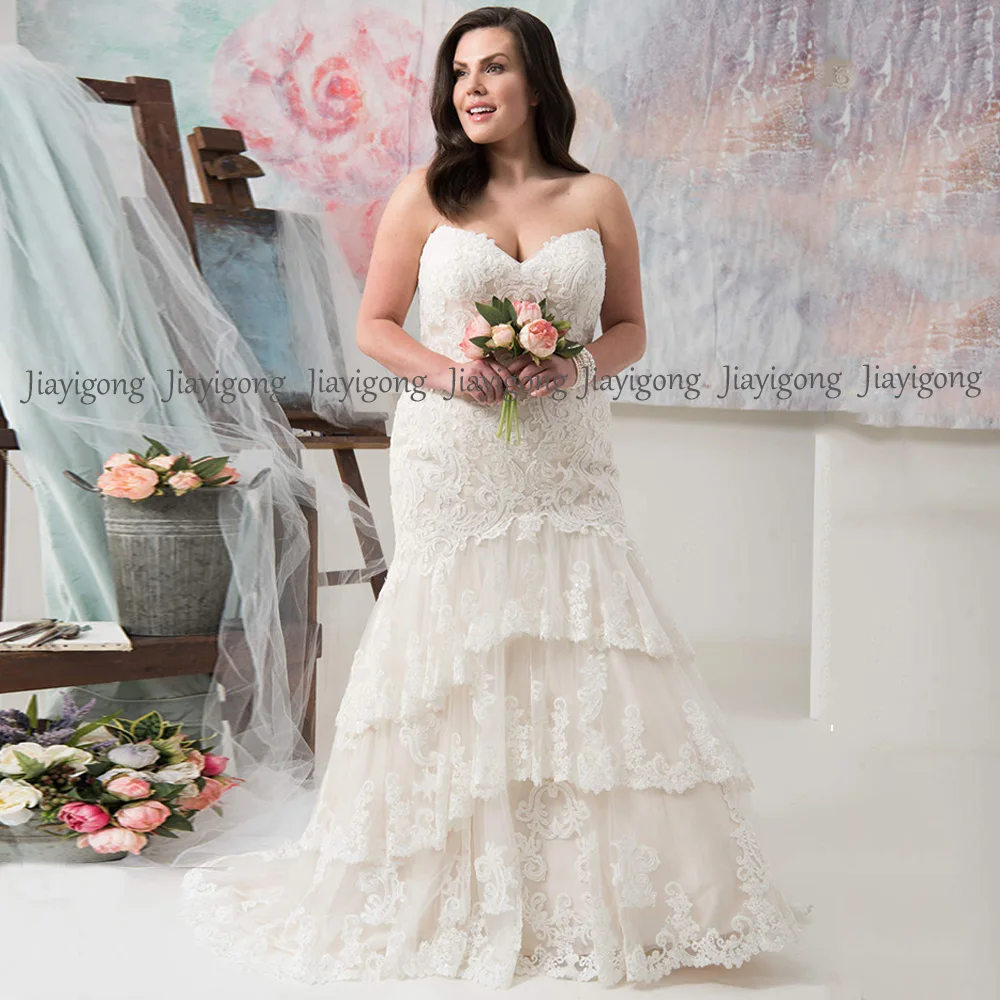 

Jiayigong Corset Wedding Dress Plus Size Sweetheart Sleeveless Heavy Lace Tiered Sweep Train Bride Dresses Mermaid Bridal Gown