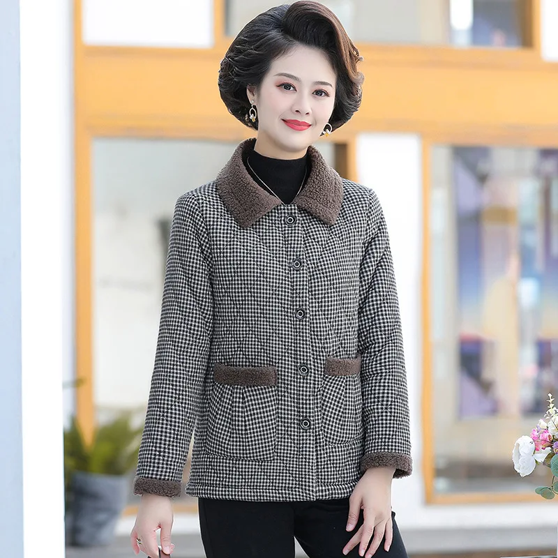 Fdfklak XL-5XL Short Plus Velvet Cotton Parkas For Women New Lapel Padded Jacket Plaid Middle Aged Mother Winter Coat Pocket
