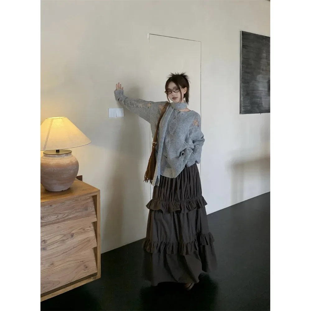 Модный вязаный топ с длинными рукавами и длинной юбкой женская осенняя