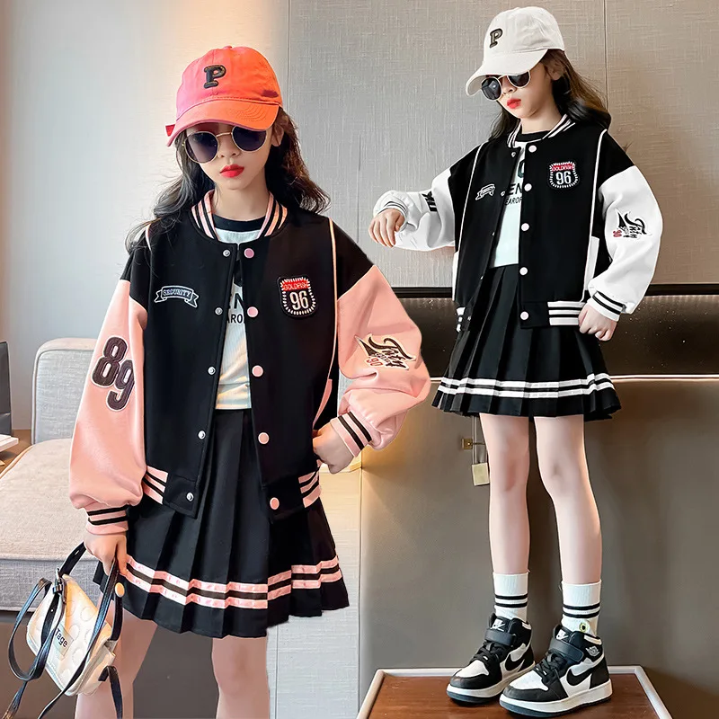 

Teen Girls Suit Baseball Uniform Spring Loungewear Letter Print Patchwork Jacket Coat + Pleated Skirt Junior Girl 2Pcs Jk Outfit