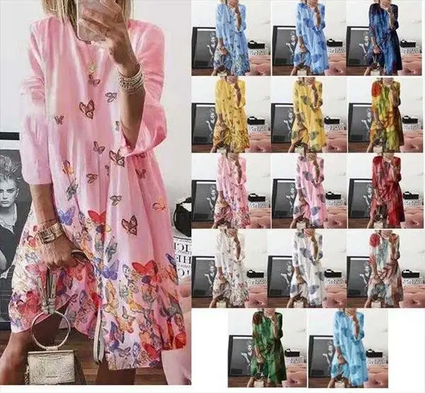 

Four Seasons Vintage Butterfly Print O-neck Linen Dress Womens Clothing