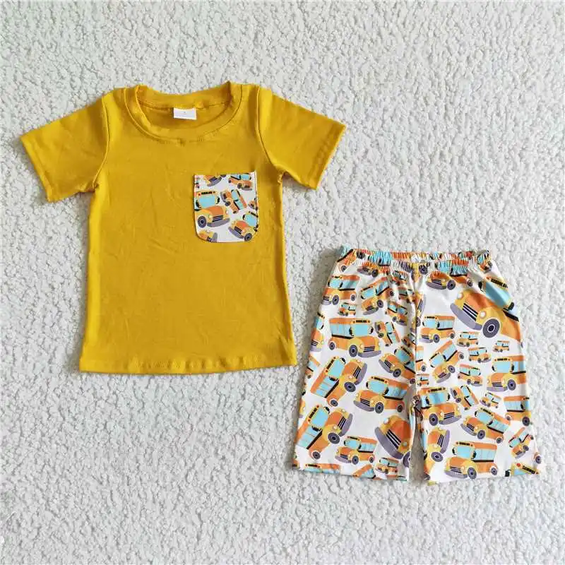 

Wholesale Back to School Toddler Baby Boy Kids Clothes Outfits Children Yellow Pocket T-shirt Top Bus Car Shorts Sets Clothing
