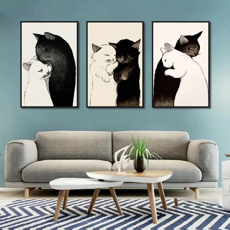 

Animals Cute Black White Cat Wall Art Canvas Painting Nordic Posters and Prints Wall Pictures for Living Bedroom Decoration