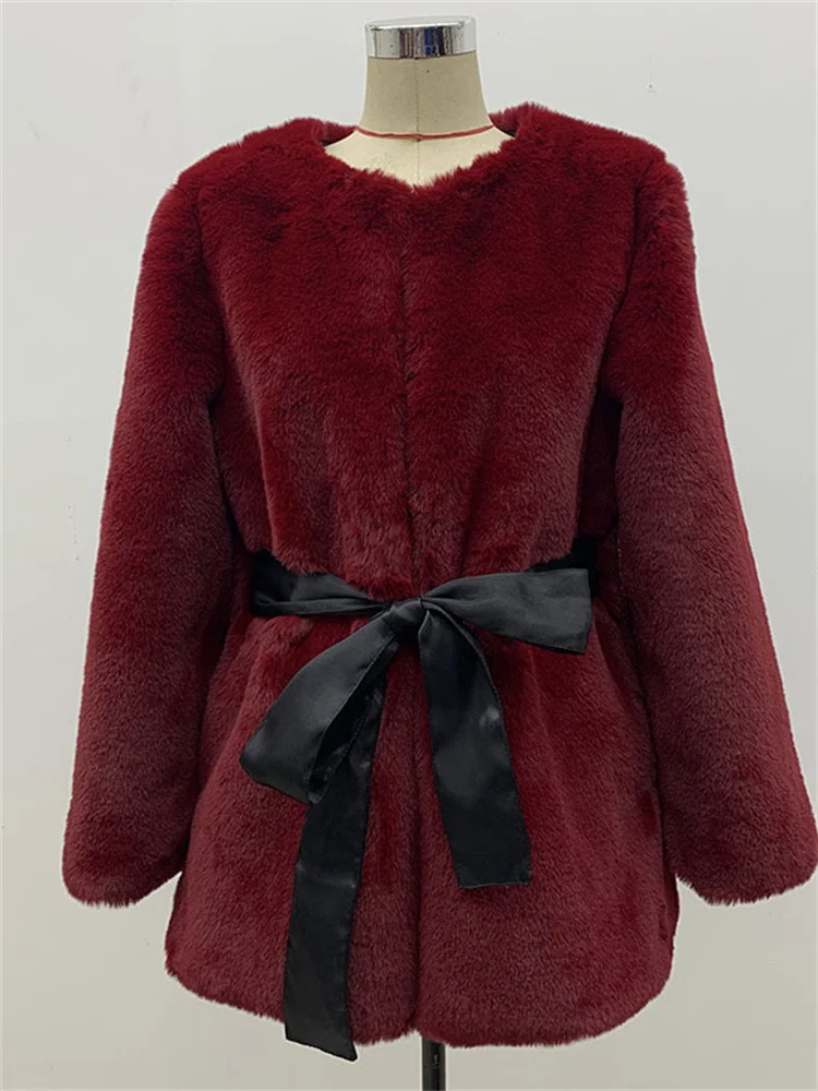 Autumn And Winter New Faux Fur Coat Women Korean Style Warm Casual Round Neck Long Sleeve Coat Female Elegant Lace-up Bow Tops