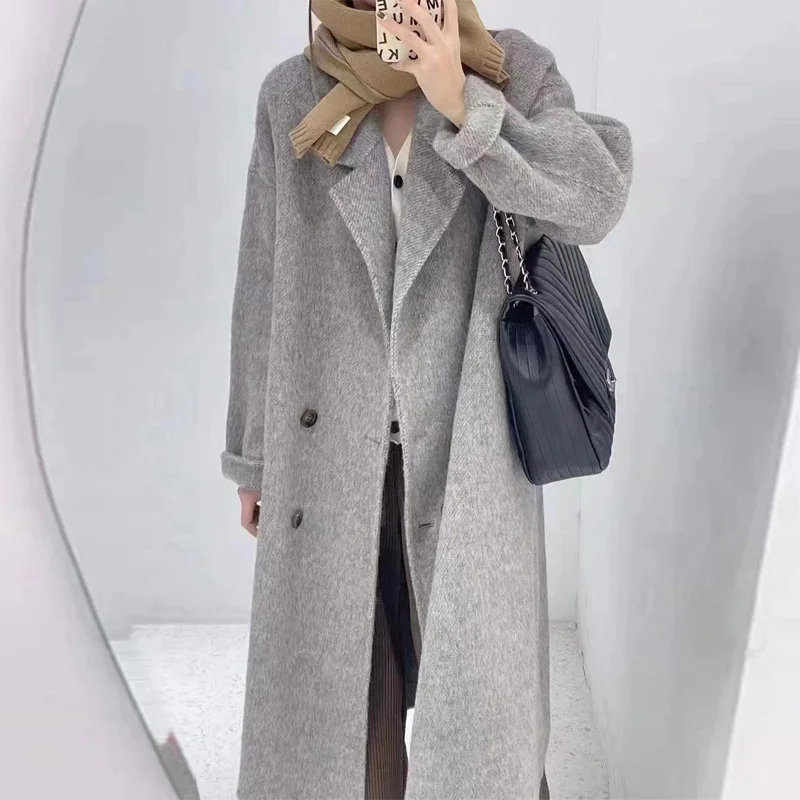 

2022 New Double-Sided Wool Overcoat Women's Korean Style Double-Breasted Long Casual Loose Gray Woolen Coat For Spring Autumn