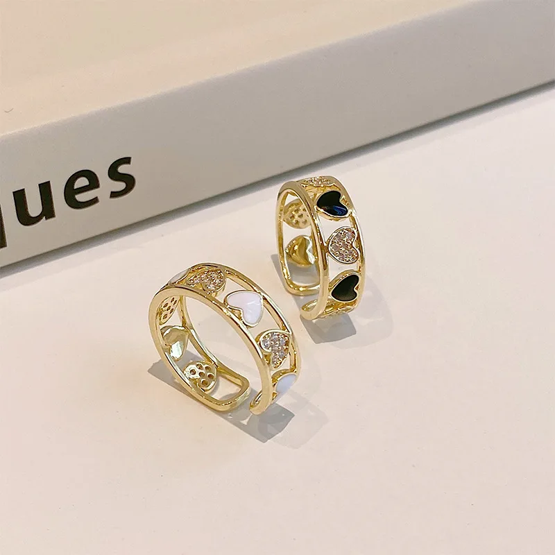 Korea Fashion Geometric Hollow Heart Zircon Open Ring for Women Engagement Exquisite Wedding Party Jewelry Gifts