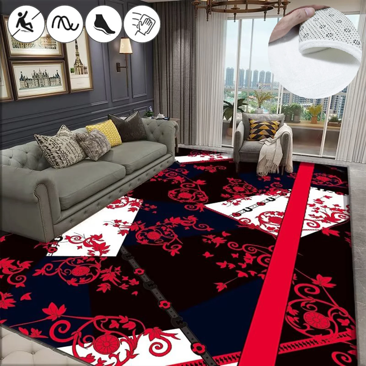 

Европейский стиль, черный, красный, геометрический ковер для гостиной, Настраиваемые коврики для спальни, Декоративные Мягкие Нескользящие Фланелевые домашние коврики