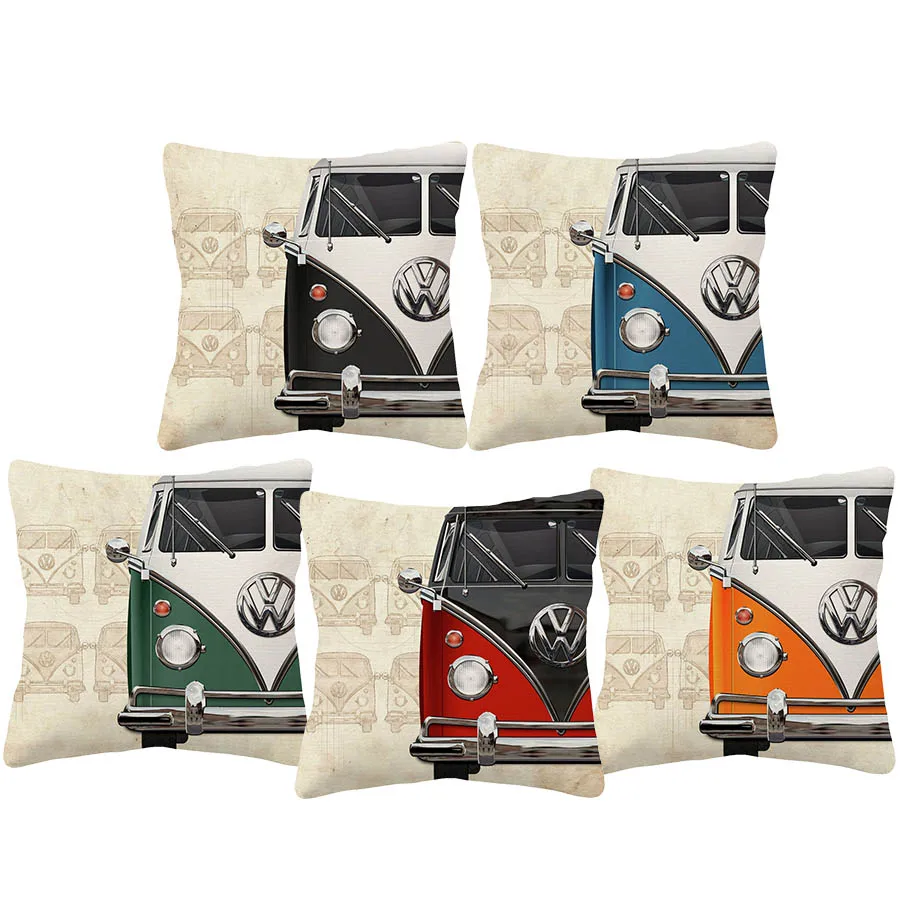 

45x45cm Bus Cushion Covers Retro Style Oil Painting Sofa Decor Polyester Throw Pillows Case Living Room Home Decor Pillowcase