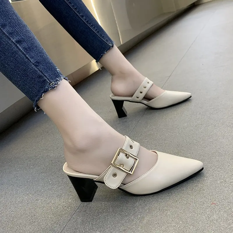 

Summer Sandals Mules For Women Pu Leather Pointed Toe Slip On Flip Flops Slipper Square Heel Zapatillas Mujer Casual Shoes Woman
