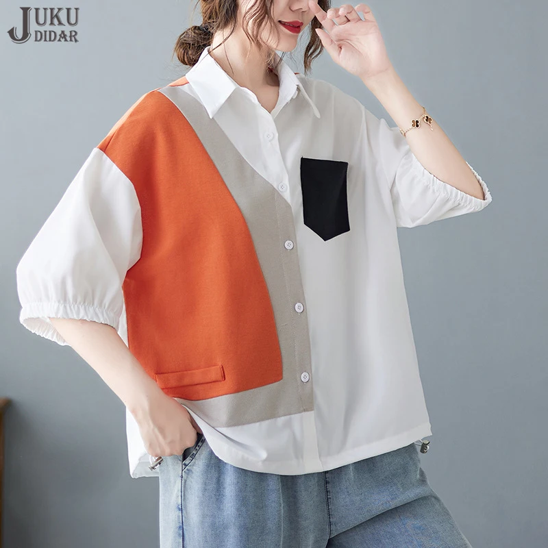 

Hit Color Yellow White Patchwork Half Sleeve New Woman Summer Oversized Blouse Casual Top Large Loose Unique Shirt Style JJXS001
