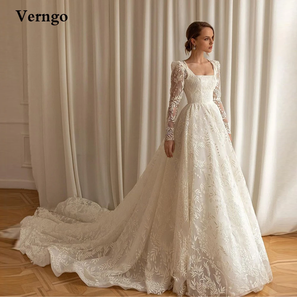 

Винтажное кружевное ТРАПЕЦИЕВИДНОЕ свадебное платье Verngo с рисунком листьев, платье невесты со съемным длинным рукавом, квадратным вырезом ...