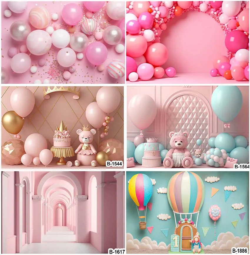 

Pink Balloons Backgrounds Cake Smash Happy Birthday Party Wedding Baby Portrait Backdrops Photocall Studio Banner Photographic