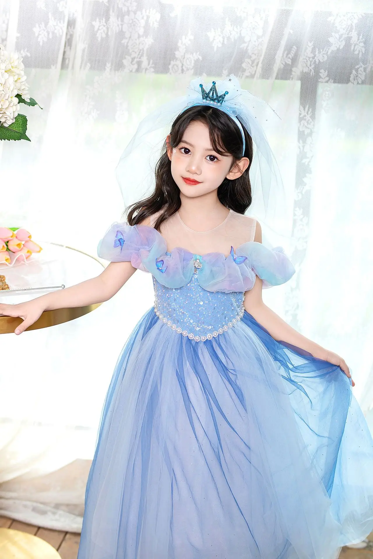 Disney Girl Princess Dress for Kids Sequins Pearl Cinderella Costume 3D Butterfly Luxury Gradient Birthday Carnival Party Gowns