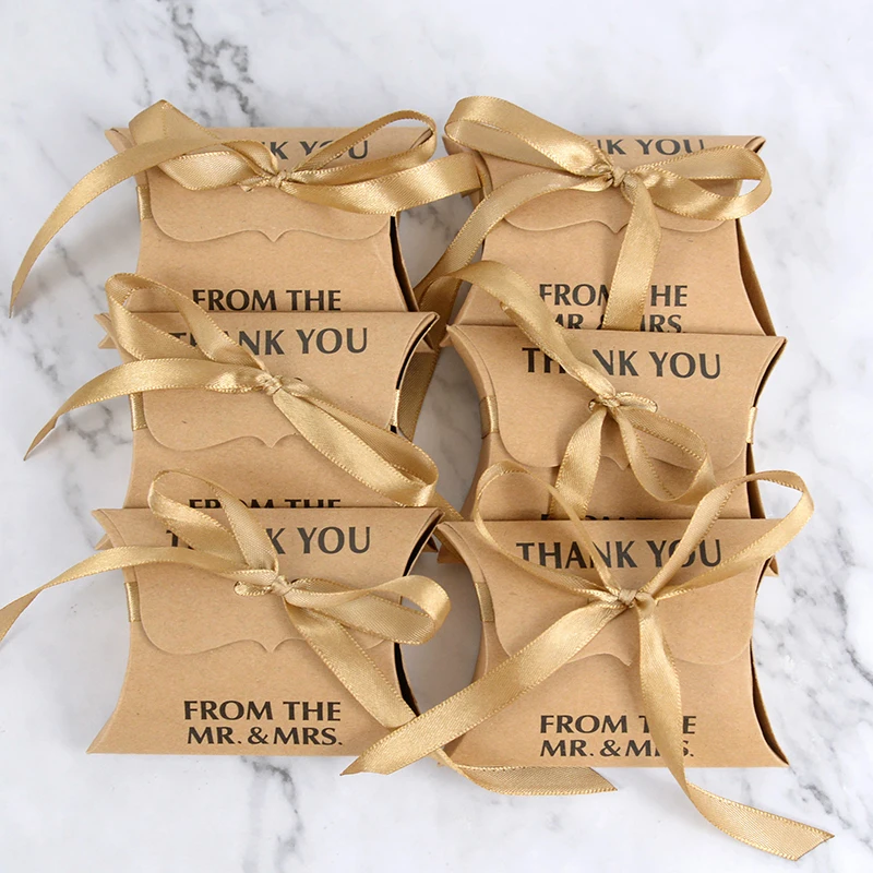 

10/20pcs Thank You Mr&Mrs Kraft Paper Pillow Candy Box with Ribbon Wedding Favor Gift Bag Birthday Party Chocolate Packaging Box