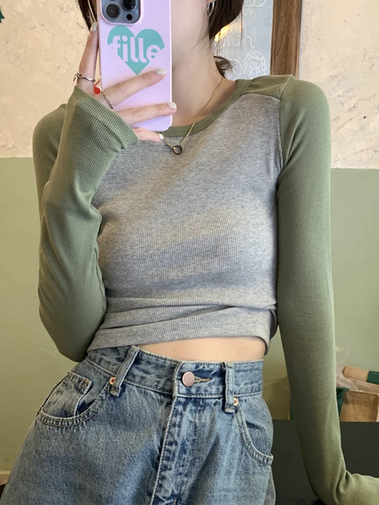 

Ladies 2022 Autumn Women Patchwork Sexy Y2K Clothes Long Sleeve O-Neck Crop Top Korean Fashion Streetwear Vintage Emo T Shirts