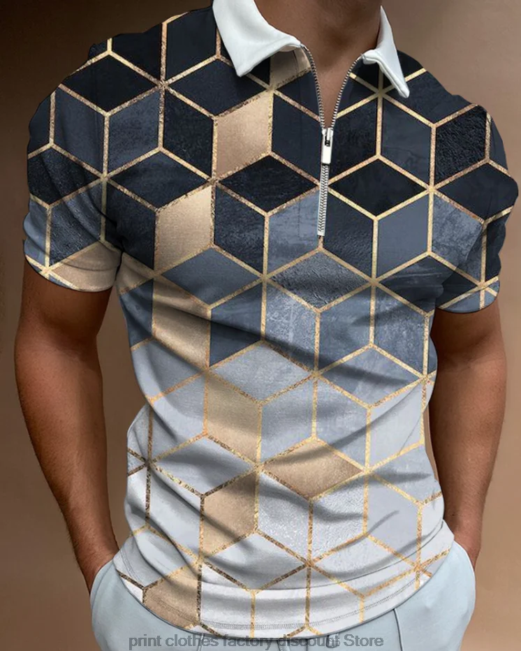 

Spring And Summer Fashion Men Casual Vintage Style Plaid Tee Shirt Turn-down Collar Zip Short Sleeves Printed T-shirt Men's