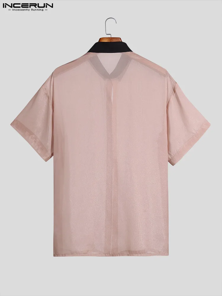 INCERUN Tops 2023 American Style New Men's Transparent Mesh Stitching Blouse Casual Sexy See-through Short-sleeved Shirts S-5XL