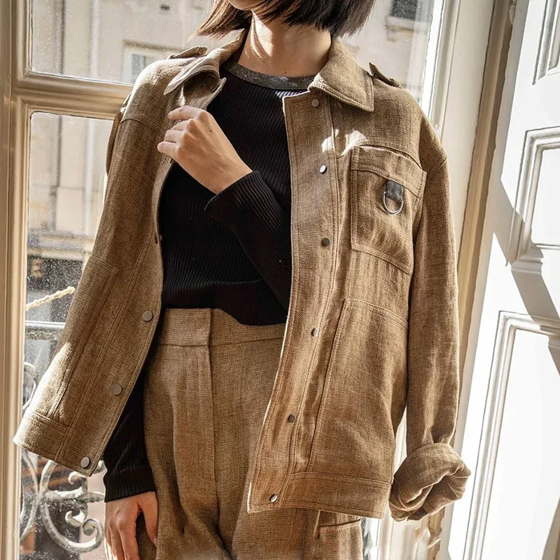 

Женское повседневное льняное пальто, свободная однобортная уличная куртка в минималистском стиле с длинным рукавом, отложным воротником, Новинка осени-зимы 2023