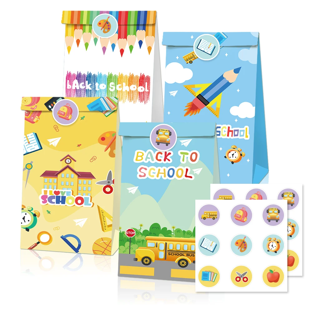 

LB082 12Pcs Kids Students Back to School Birthday Party Candy Packing Kraft Paper Gift Bags School Season Party Decorations