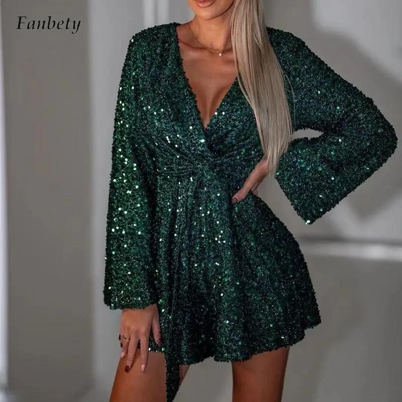 

Autumn Sexy Deep V-neck Solid Short Jumpsuit Women Elegant Shiny Sequin Tie-up Romper Spring Casual Long Sleeve Playsuit Overall